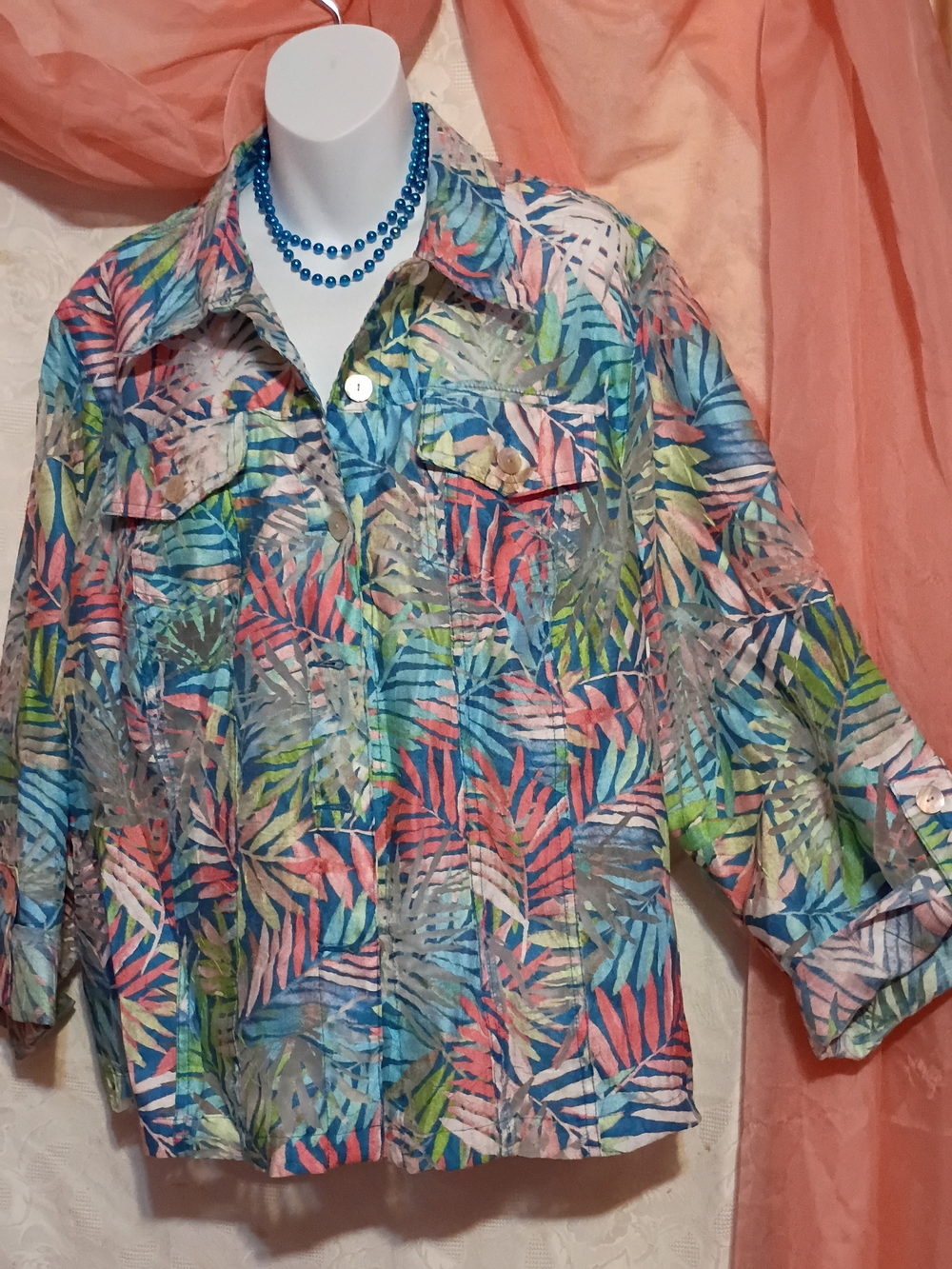 Ruby Rd. Multicolor Tropical Print/Sheer Button Down Shirt - Picture 3 of 8